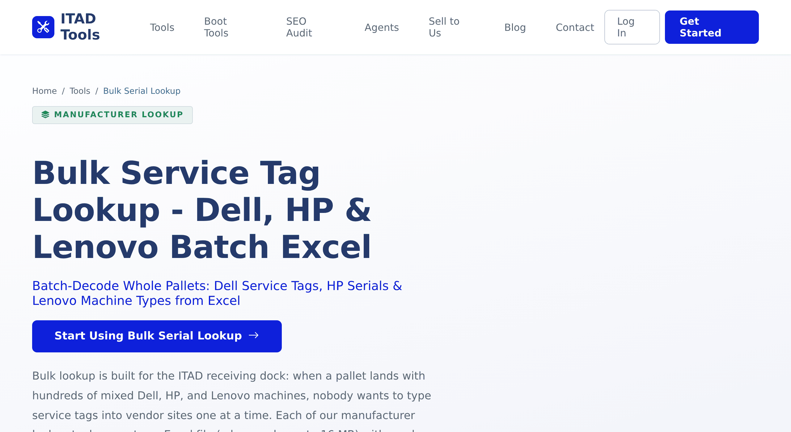 The Bulk Serial Lookup feature page on ITAD Tools, showing its Dell, HP & Lenovo Batch Excel headline and Start Using Bulk Serial Lookup button