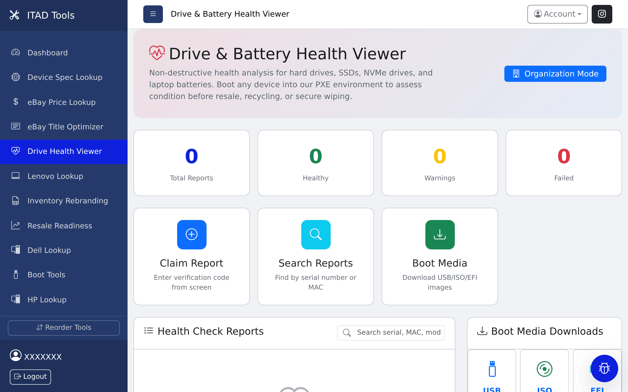 The Drive Health Viewer dashboard, showing report totals, the claim report box, and boot media downloads