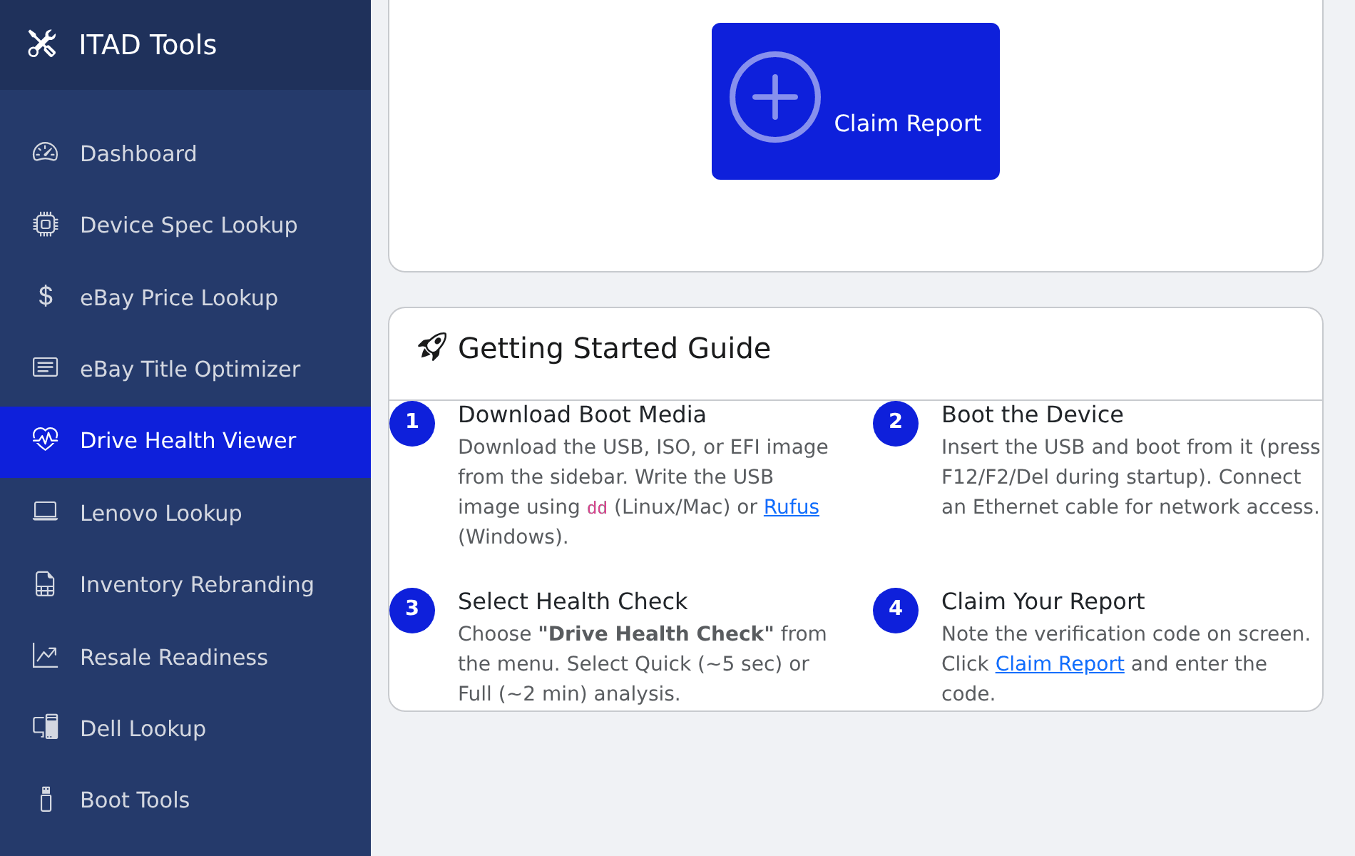 The Getting Started Guide panel inside the Drive Health Viewer, listing the setup steps