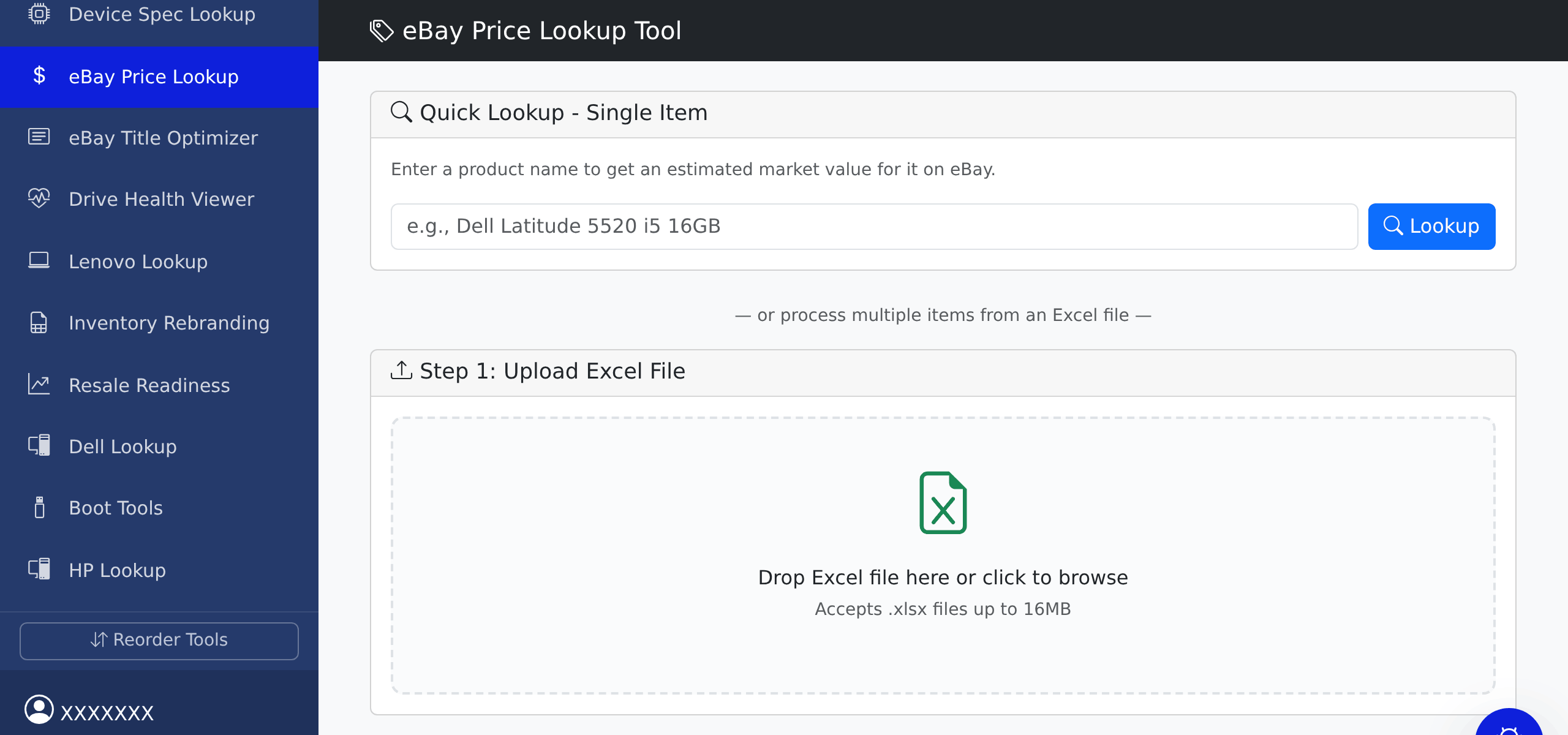 The eBay Price Lookup tool, showing the Quick Lookup single-item search box above the Step 1 Upload Excel File drop zone