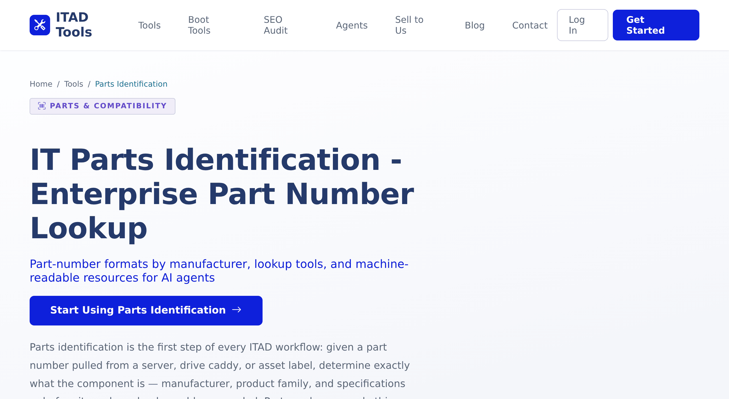 The IT Parts Identification feature page on ITAD Tools, showing its headline and Start Using Parts Identification button, viewed signed out