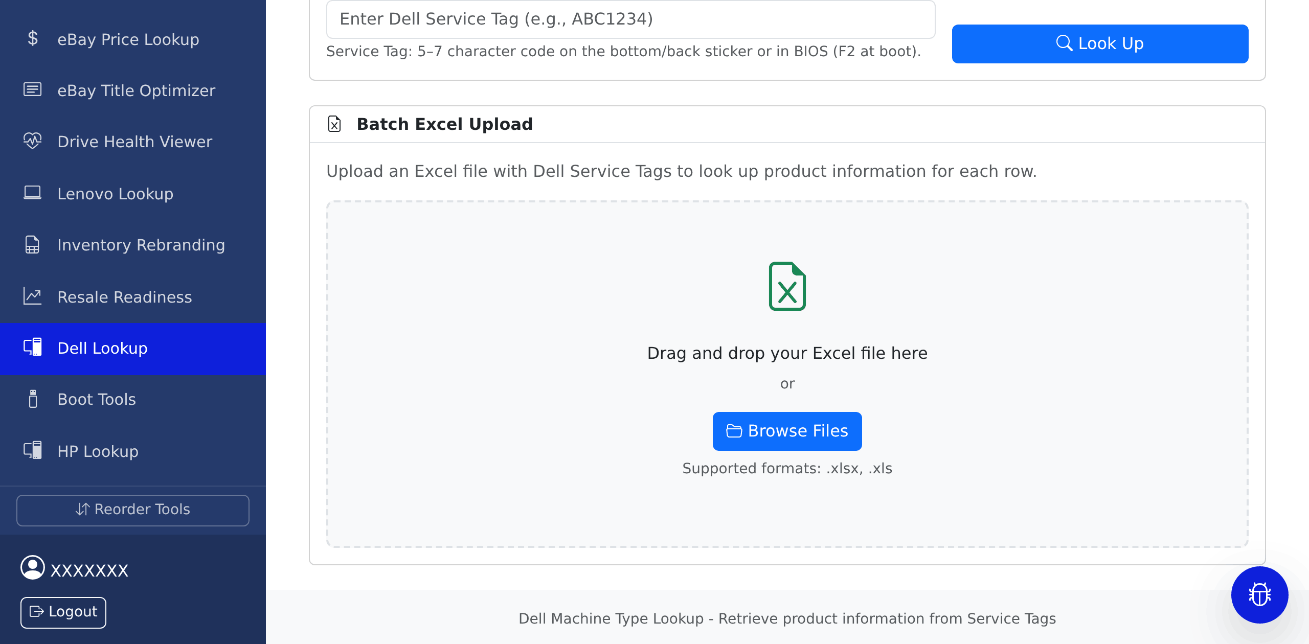 The Dell Lookup tool inside ITAD Tools, showing the Service Tag search box and the Batch Excel Upload section, before a lookup has been run