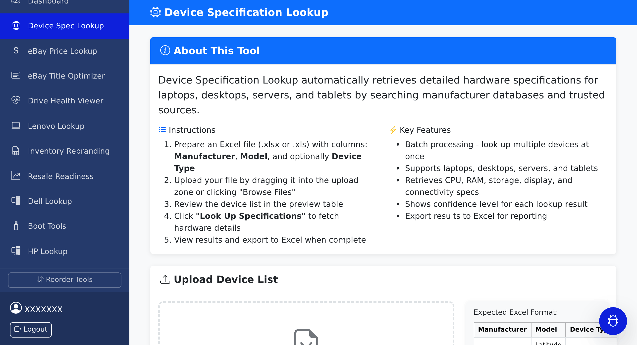 The Device Specification Lookup tool, showing the About This Tool panel above the Upload Device List drop zone and the expected Excel format table