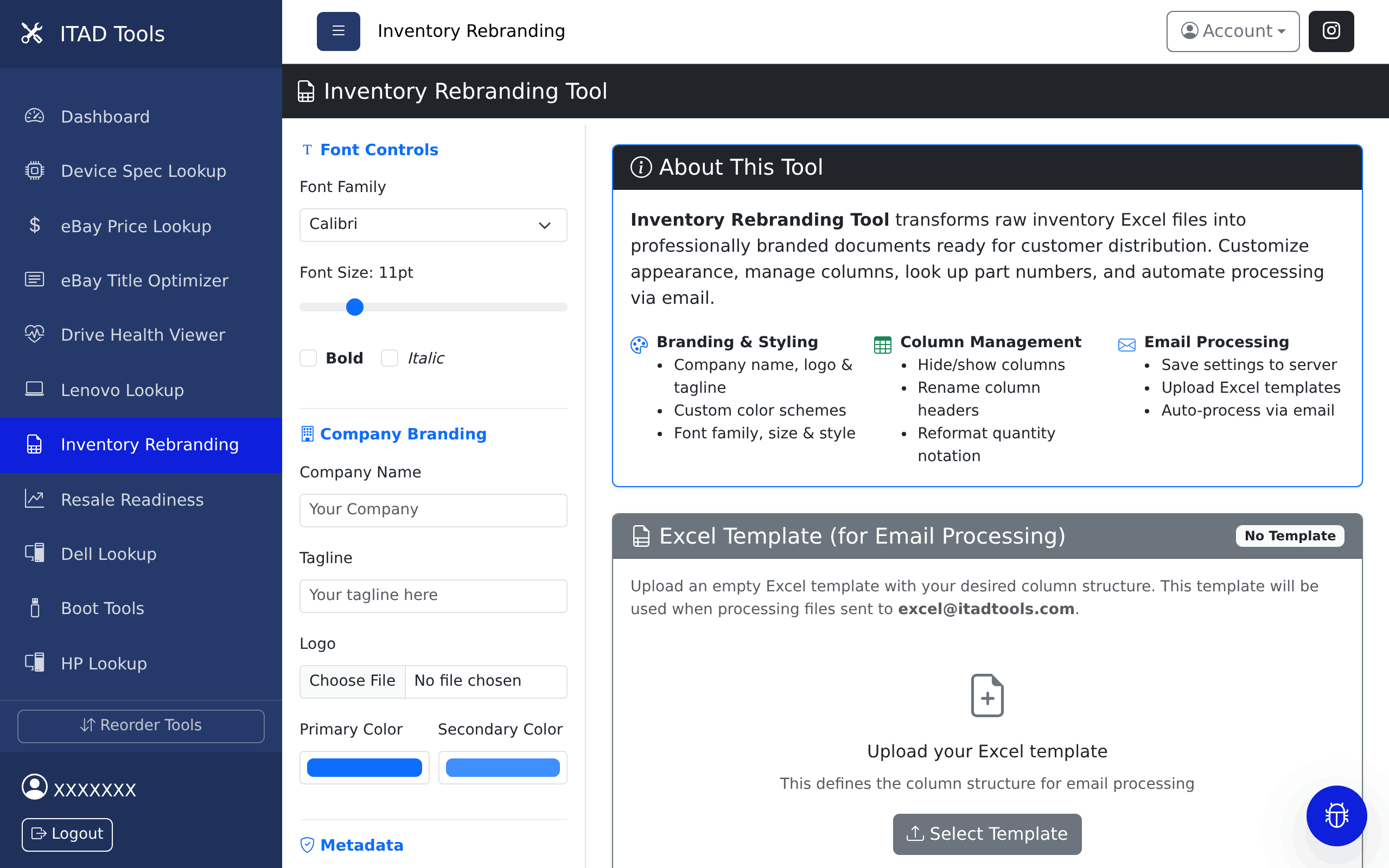 The Inventory Rebranding tool with the Font Controls and Company Branding sidebar on the left and the About This Tool and Excel Template panels on the right