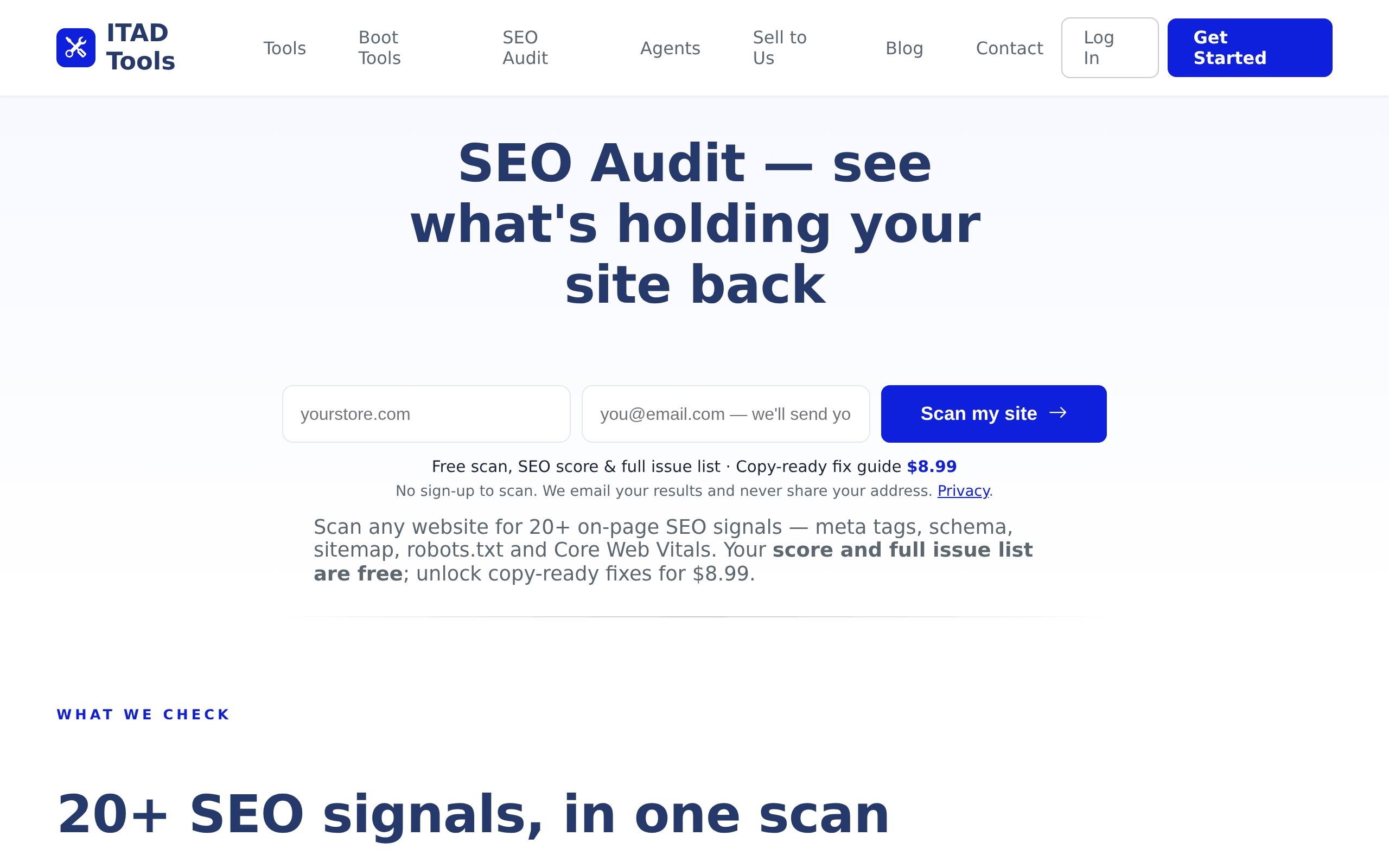 The ITAD Tools SEO Audit landing page, showing the website and email fields, the Scan my site button, and the pricing line beneath them