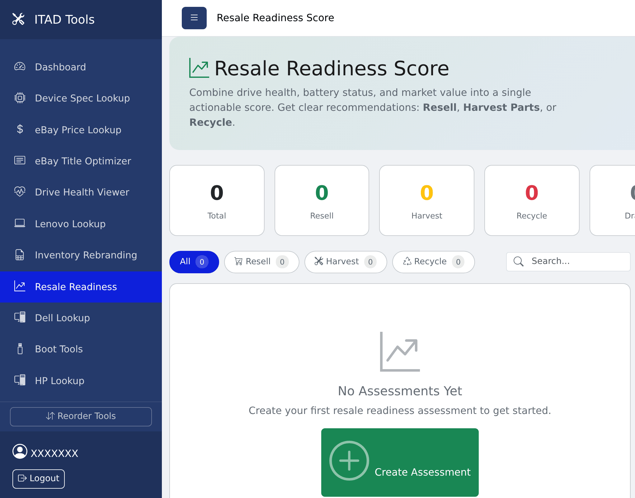 The Resale Readiness dashboard inside ITAD Tools, showing assessment totals by recommendation and a Create Assessment button, before any assessments exist