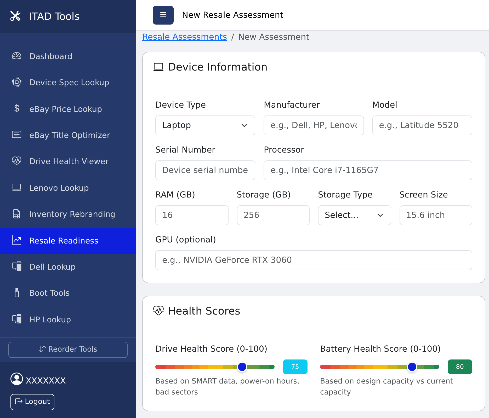 The New Resale Assessment form, showing the Device Information fields and the Drive Health Score and Battery Health Score sliders