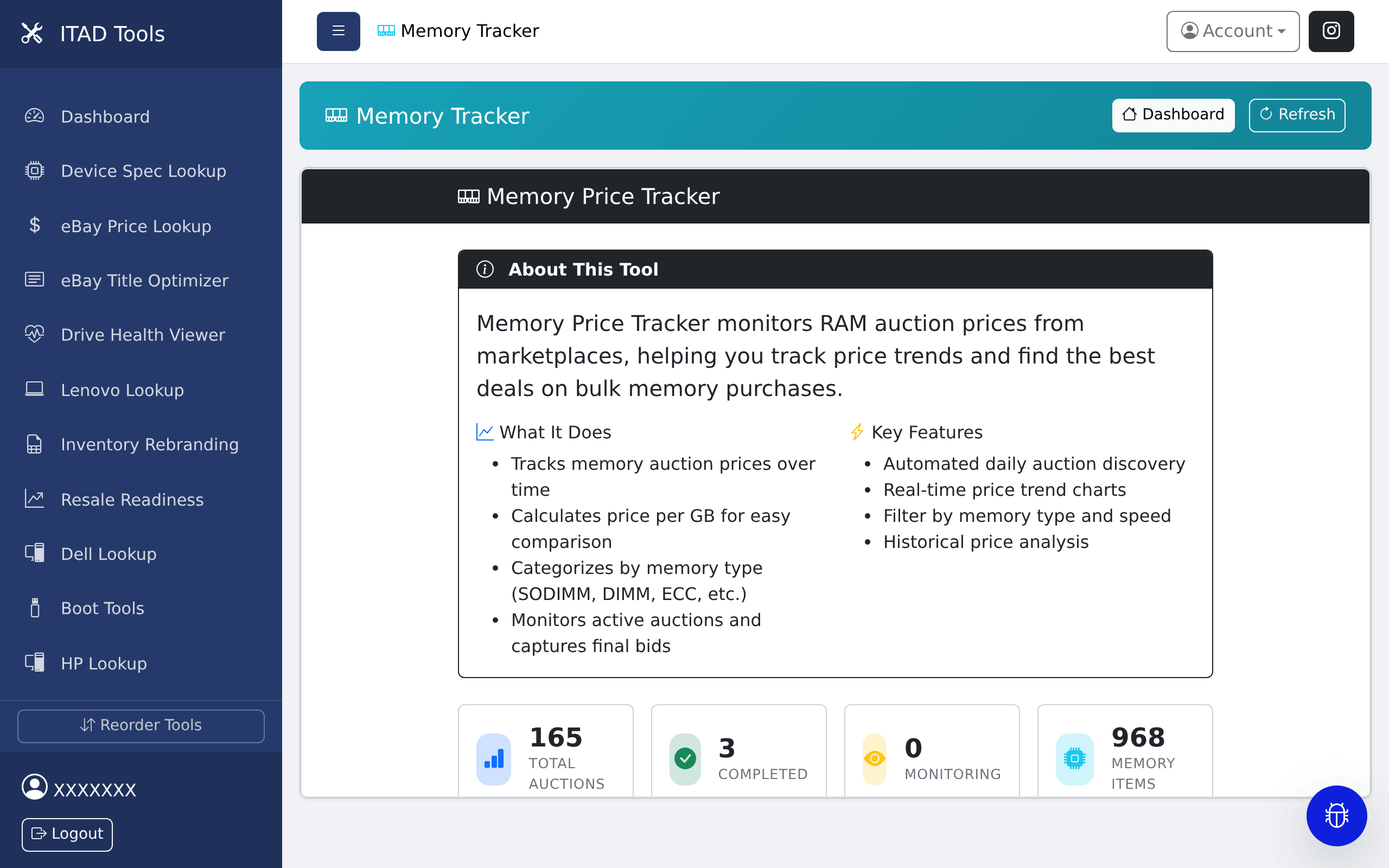 The Memory Price Tracker dashboard, showing the About This Tool panel above counters for total auctions, completed, monitoring and memory items