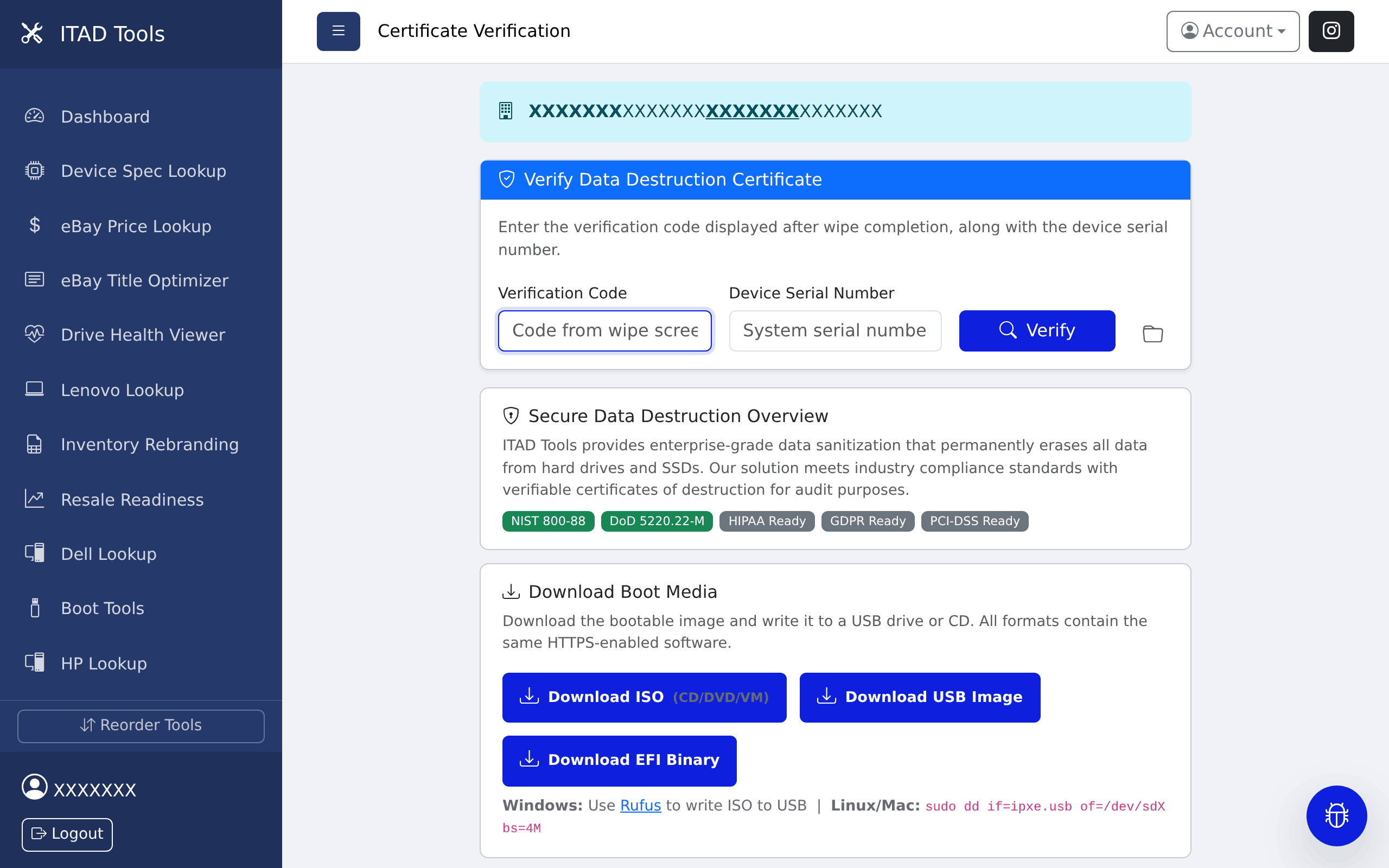 The Certificate Verification page inside ITAD Tools, showing the Verification Code and Device Serial Number fields and the Verify button