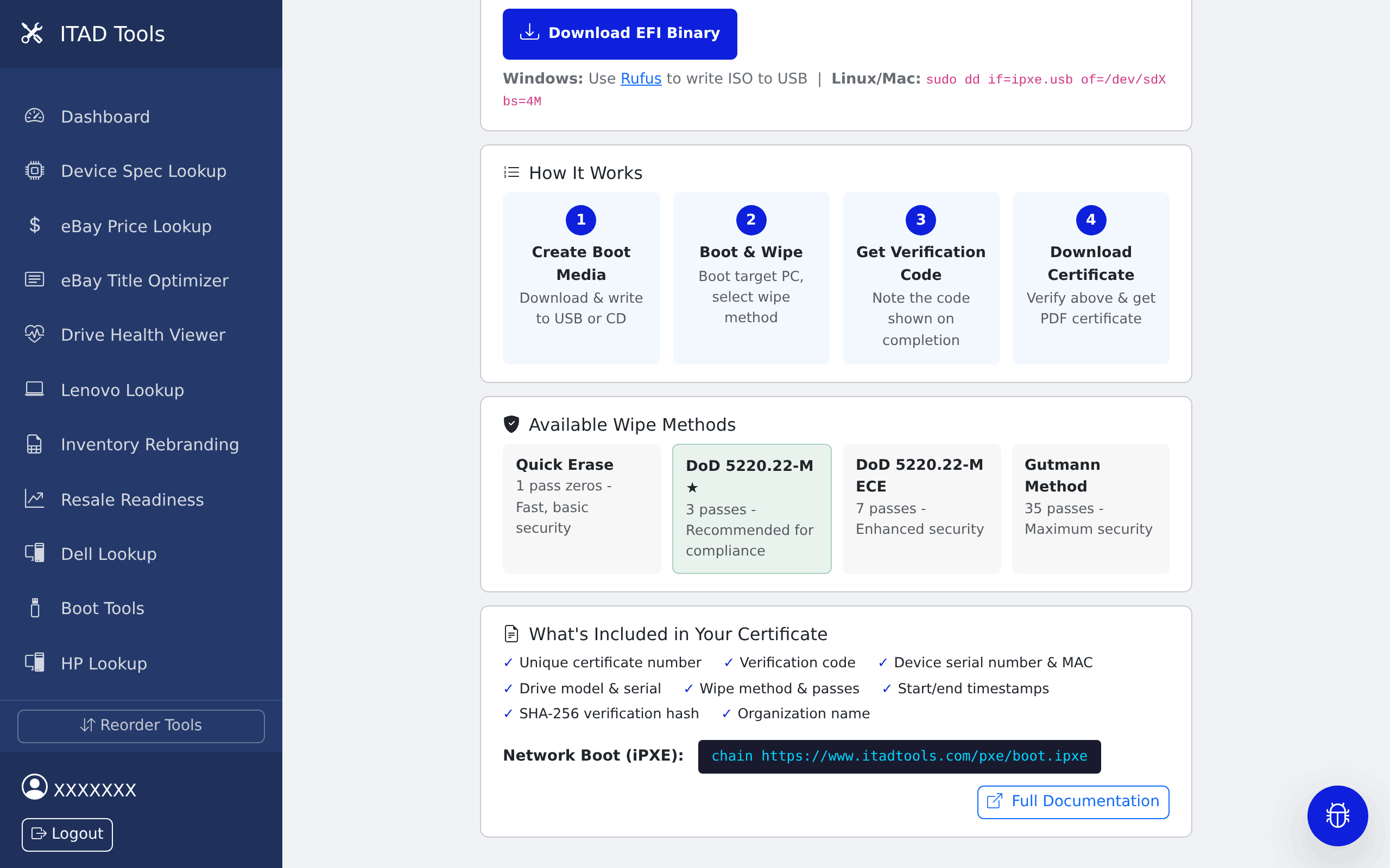 The How It Works steps, Available Wipe Methods cards, and What's Included in Your Certificate checklist on the Certificate Verification page