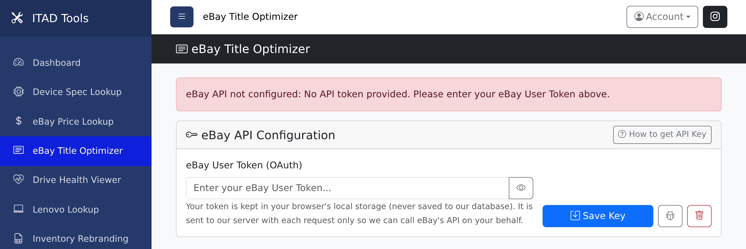 The eBay Title Optimizer dashboard, showing the eBay User Token field and Save Key button